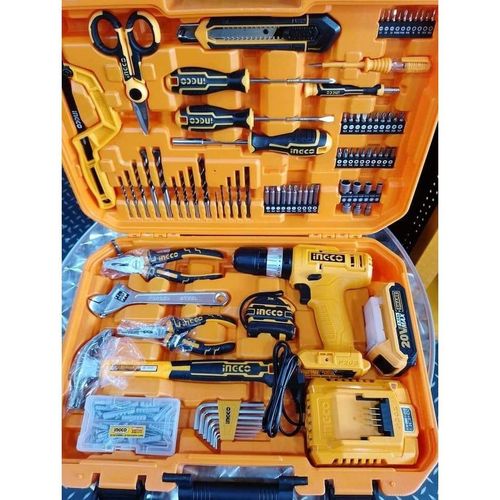 Ingco Cordless Drill Tools Set 165 Pcs Tools Set Professional Complete Tools Set 20V Lithium-Ion Impact Drill Tool Box With Hammer