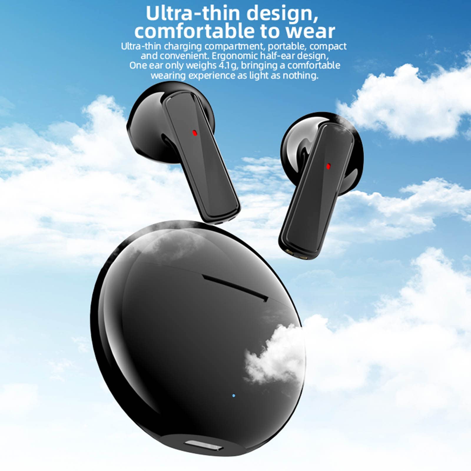 UPHUI Bluetooth 5.3 in-ear Headphones Wireless Mini Earbuds, Stereo Sound Earphones with Charging Case, Light Weight Headset for Room Travel Camping Office Work or Outdoor Sports, Black