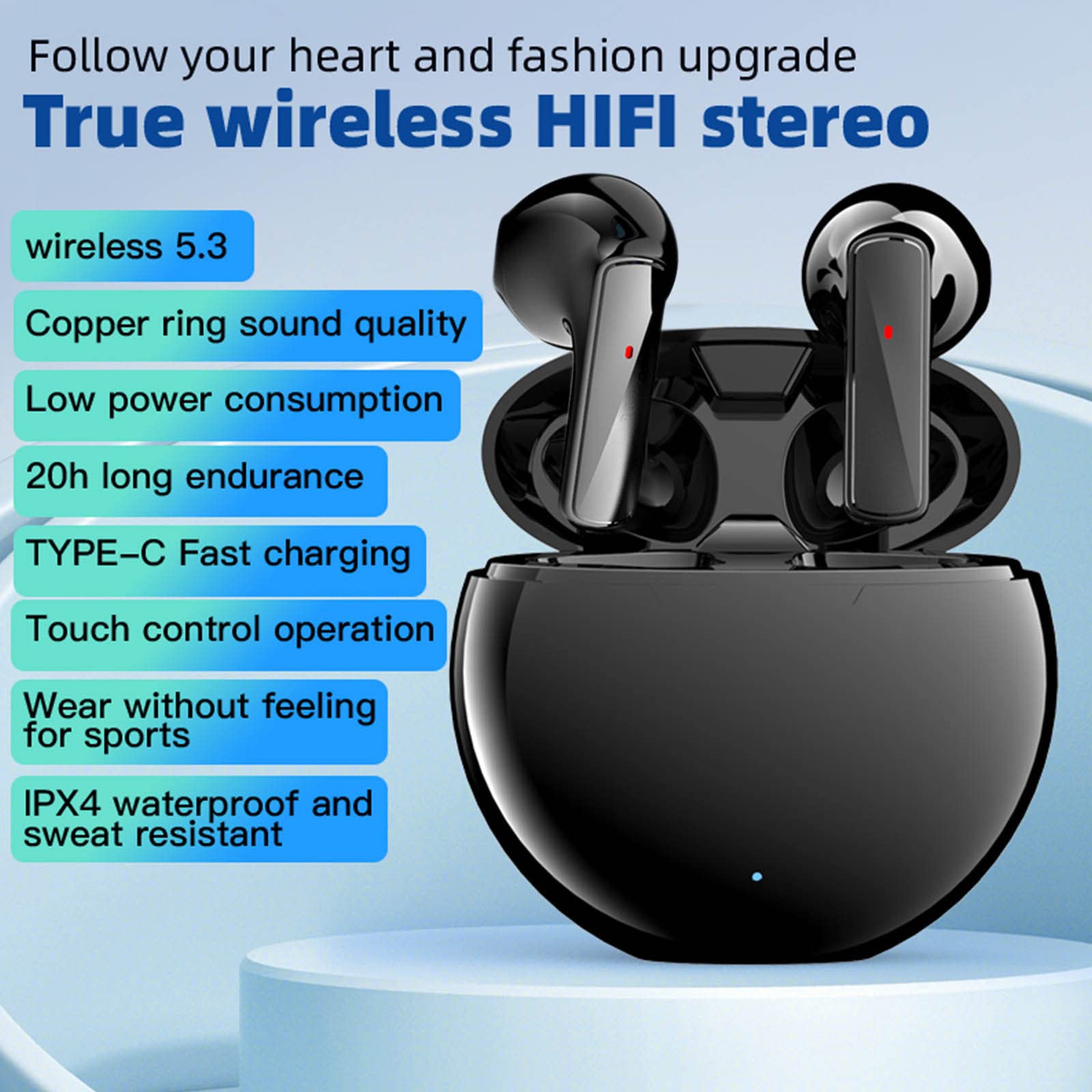 UPHUI Bluetooth 5.3 in-ear Headphones Wireless Mini Earbuds, Stereo Sound Earphones with Charging Case, Light Weight Headset for Room Travel Camping Office Work or Outdoor Sports, Black