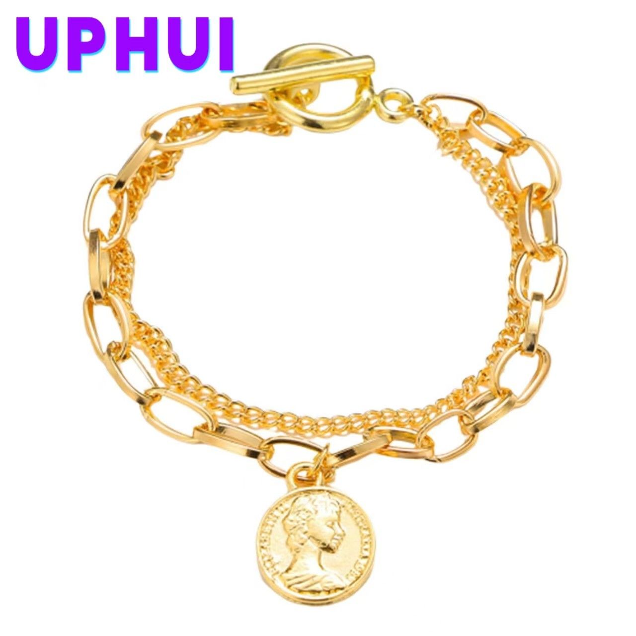 UPHUI  Gold Chunky Bracelet for Women Chunky Chain Link Bracelet Medallion Adjustable Toggle Clasp Bracelet Gold Silver Coin Link Charm Bracelet Punk Bracelet Jewelry Gift Teen Girl Women