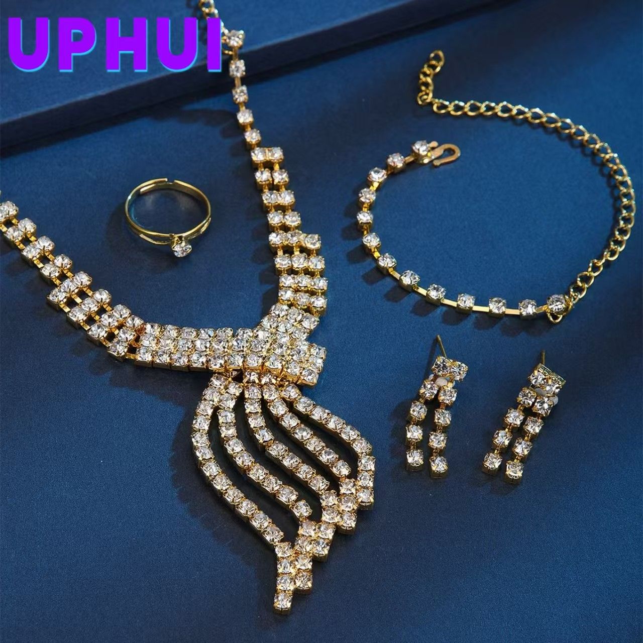 UPHUI 4pcs necklace jewelry earring set full diamond bracelet gold luxury tassel earring set formal dress set wedding diamond ring wedding ring confession gift daily wear