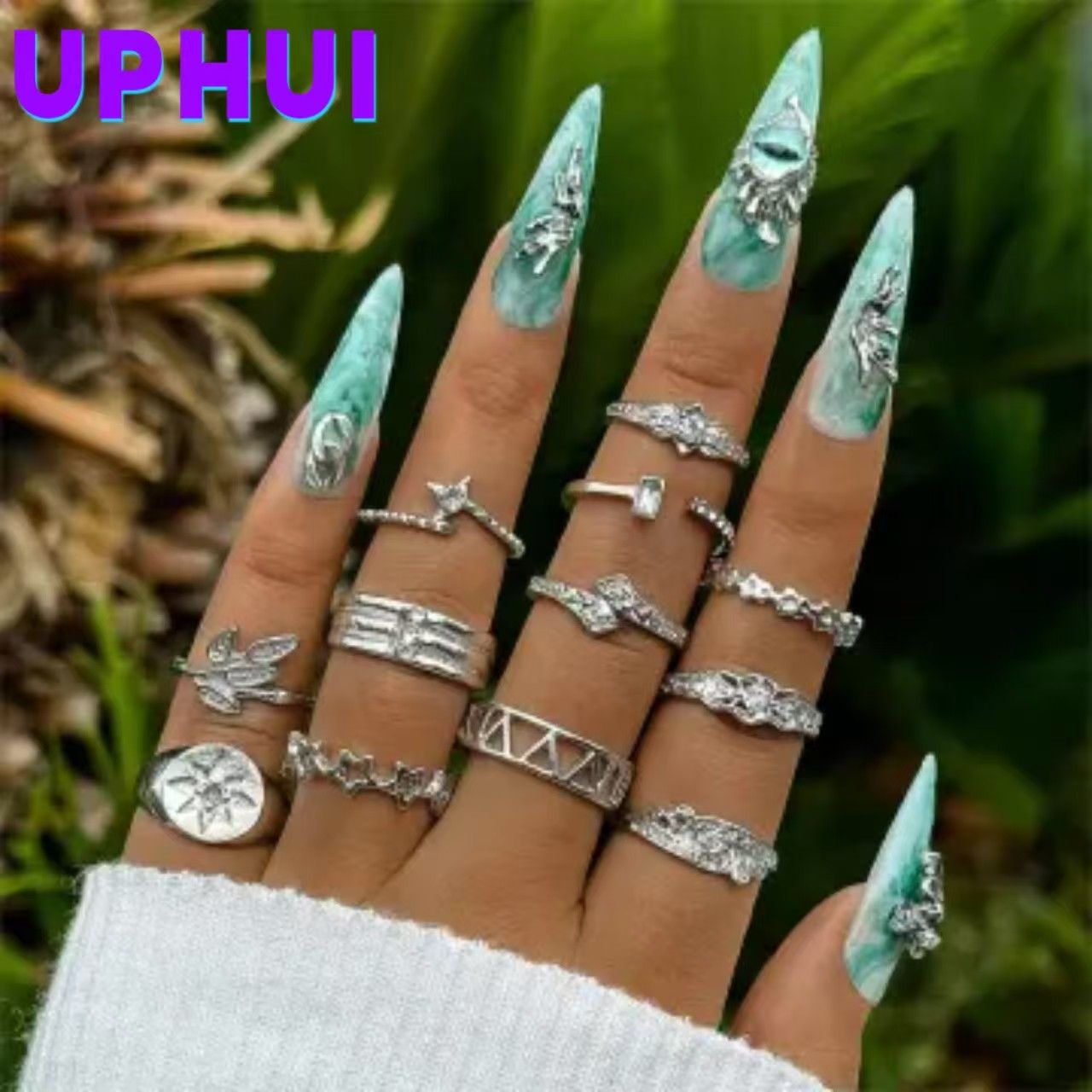 UPHUI 12pcs/sets Bohemian Silver Color Star Rings Sets for Women Shiny Crystal Stone Geometric Wedding Ring Jewelry as the picture shows,yellow