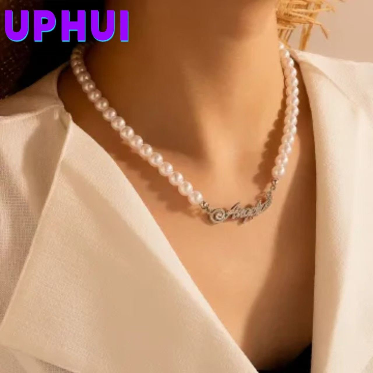 UPHUI Clavicle Chain Pearl Versatile Single layer Fashion Pendant Elegant Trendy Temperament Low key Light Luxury Necklace Daily Wearing Dress as the picture shows