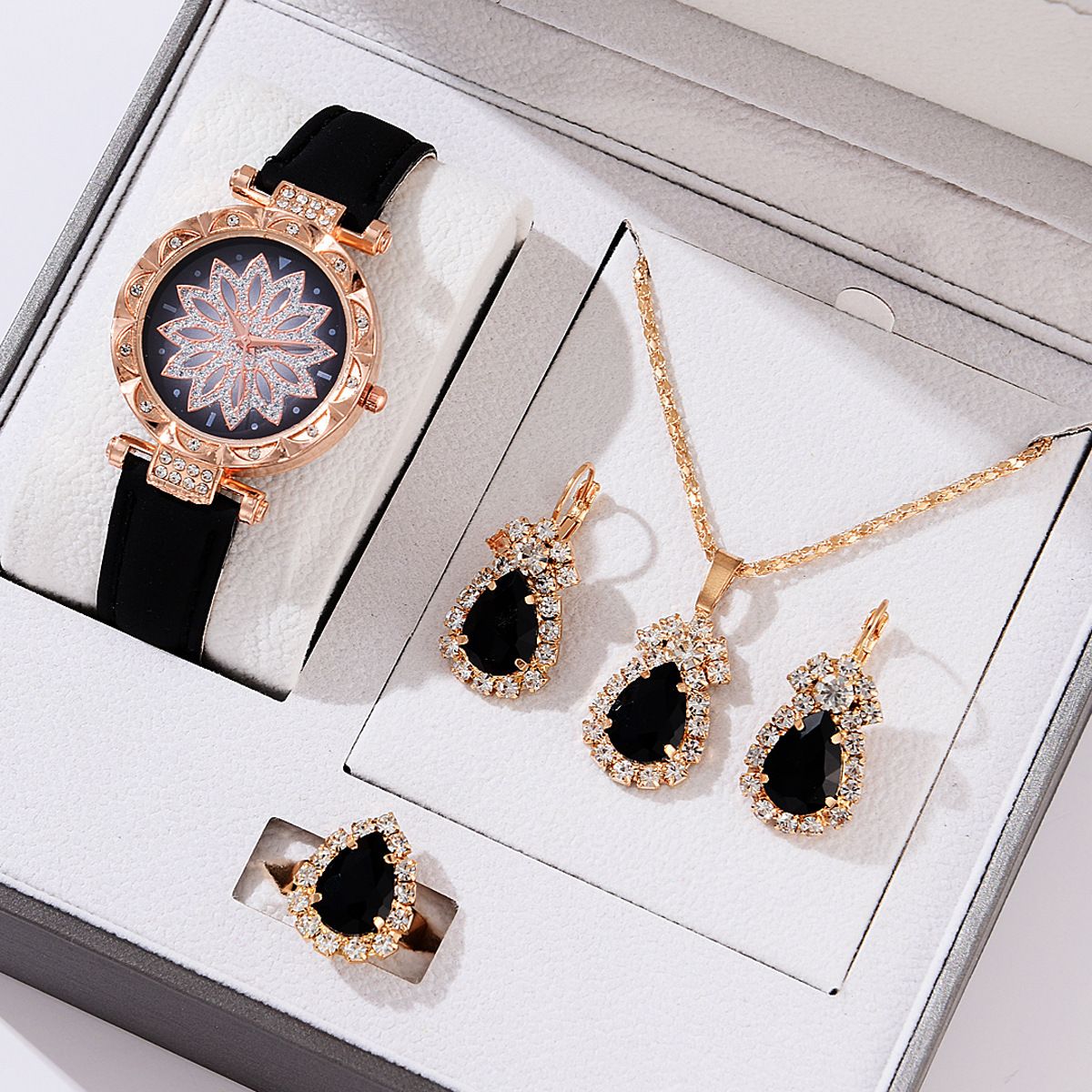 UPHUI Luxury Fine Woman Women's Necklace Ring Earring Wrist Watch Gift Rhinestone luxury set For Women Wholesale Black