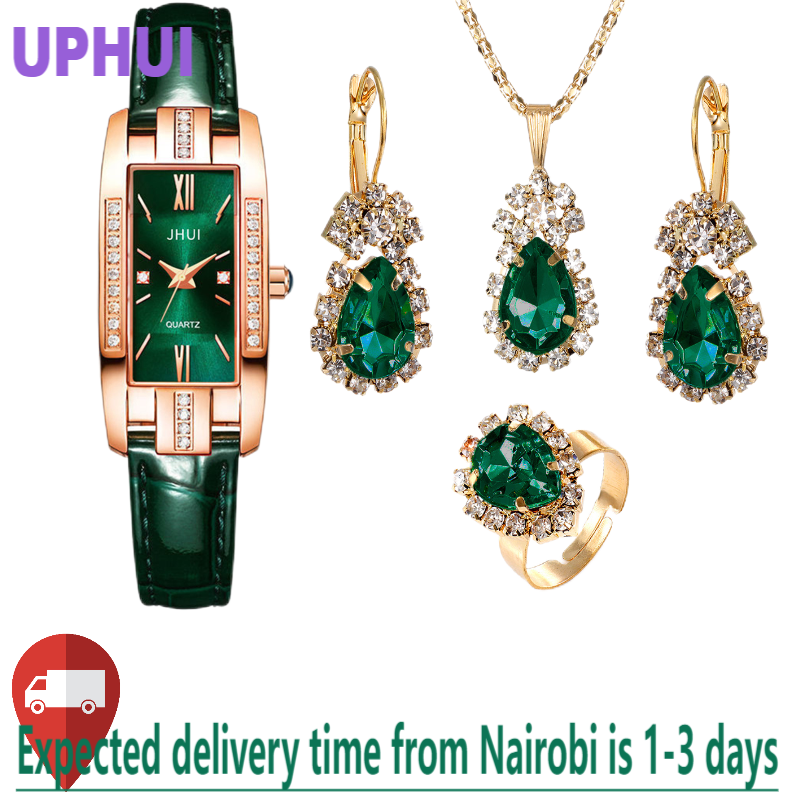 UPHUI 5pcs Stylish Women Rome Square Dial Ladies Leather Wrist Watch Gemstone Bracelet Set Square Belt Watch+ Green Gemstone Jewelry Sets Gift For Girls