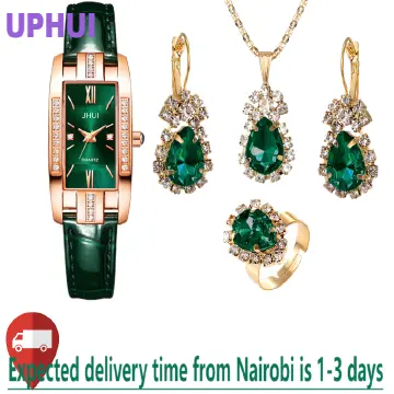 UPHUI 5pcs Stylish Women Rome Square Dial Ladies Leather Wrist Watch Gemstone Bracelet Set Square Belt Watch+ Green Gemstone Jewelry Sets Gift For Girls Green