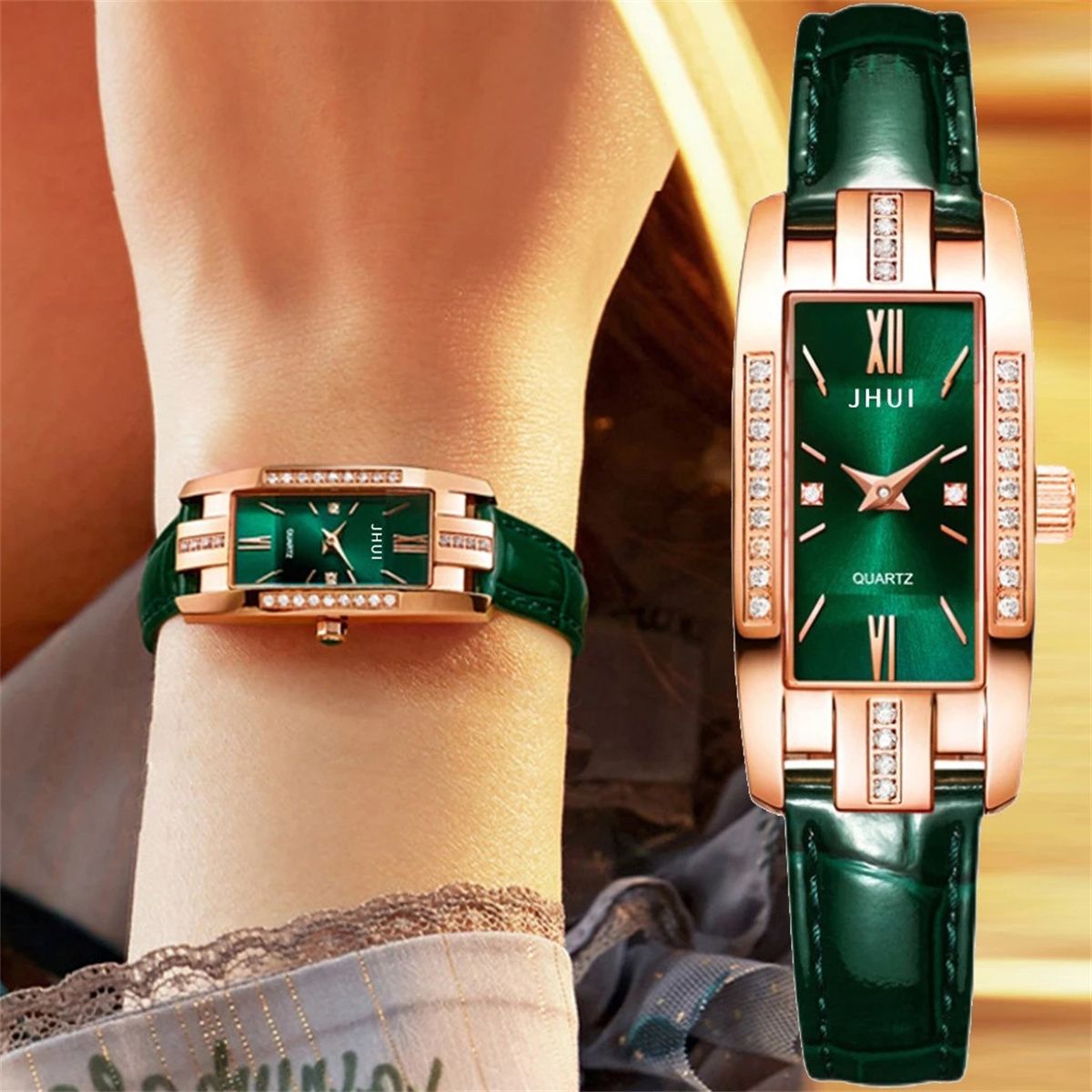 UPHUI 5pcs Stylish Women Rome Square Dial Ladies Leather Wrist Watch Gemstone Bracelet Set Square Belt Watch+ Green Gemstone Jewelry Sets Gift For Girls