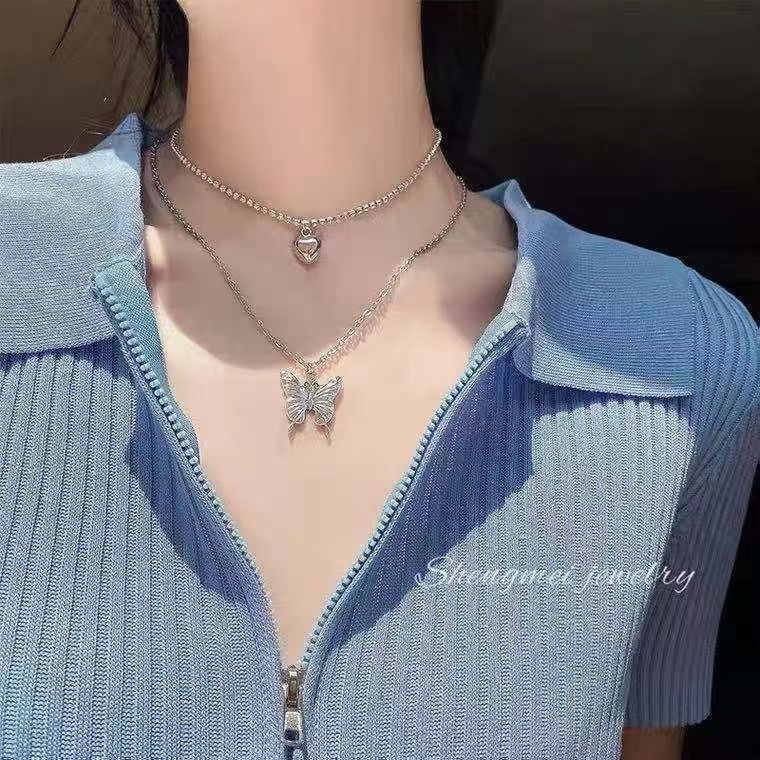 UPHUI 2pcs necklaces, ladies' silver full diamond butterfly collarbone chain, sweater chain, extended chain, large butterfly pendant, can be worn separately 2-in-1 As shown in the picture