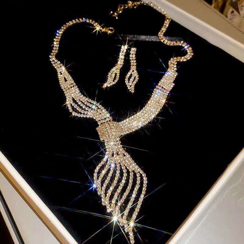 UPHUI 4pcs necklace jewelry earring set full diamond bracelet gold luxury tassel earring set formal dress set wedding diamond ring wedding ring confession gift daily wear