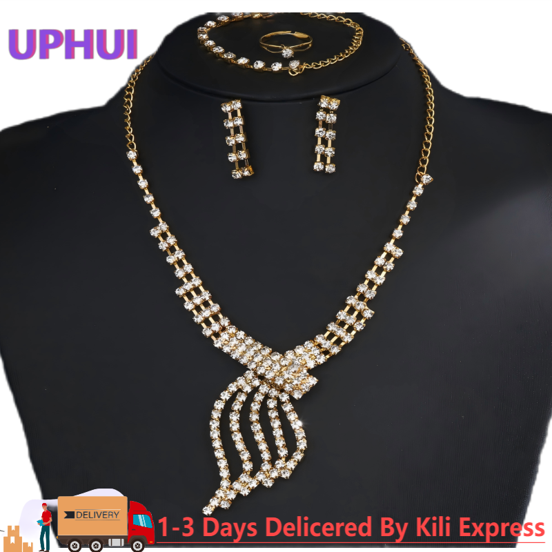 UPHUI 4pcs necklace jewelry earring set full diamond bracelet gold luxury tassel earring set formal dress set wedding diamond ring wedding ring confession gift daily wear