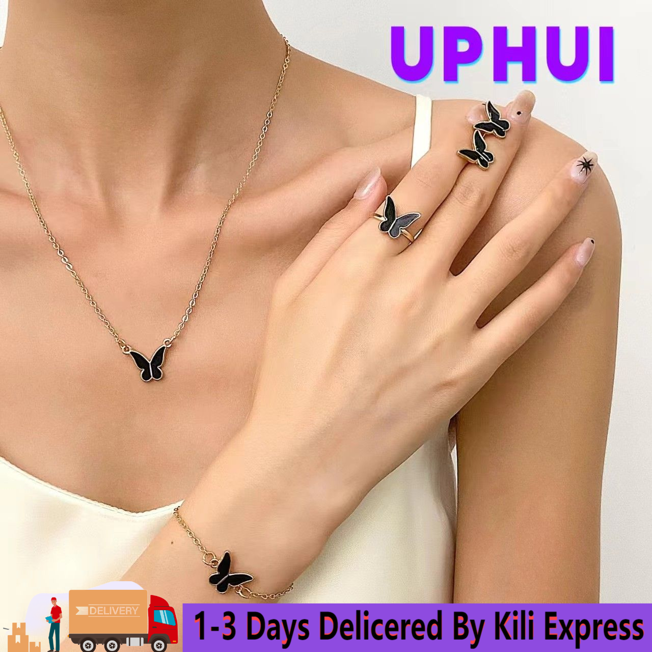 UPHUI Jewelry set butterfly 4-piece necklace ring earrings bracelet gold fashion suit matching clothes party temperament personalized gift or daily matching