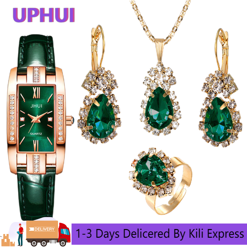 UPHUI 5pcs Stylish Women Rome Square Dial Ladies Leather Wrist Watch Gemstone Bracelet Set Square Belt Watch+ Green Gemstone Jewelry Sets Gift For Girls