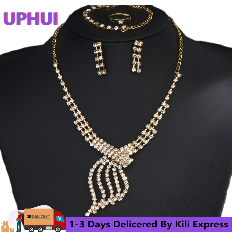 UPHUI 4pcs necklace jewelry earring set full diamond bracelet gold luxury tassel earring set formal dress set wedding diamond ring wedding ring confession gift daily wear