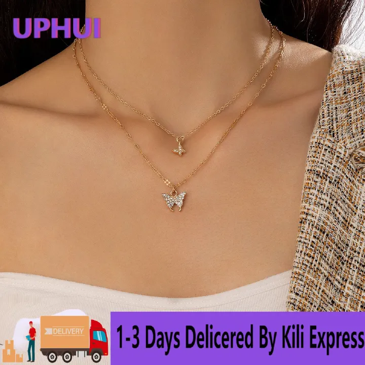 UPHUI Pendant Necklace Women's Clavicle Chain Fashion Trend Temperament Girl Geometric Animal Cute Butterfly Pendant Necklace Flying Butterfly Pendant Clavicle Necklace Alloy Chain