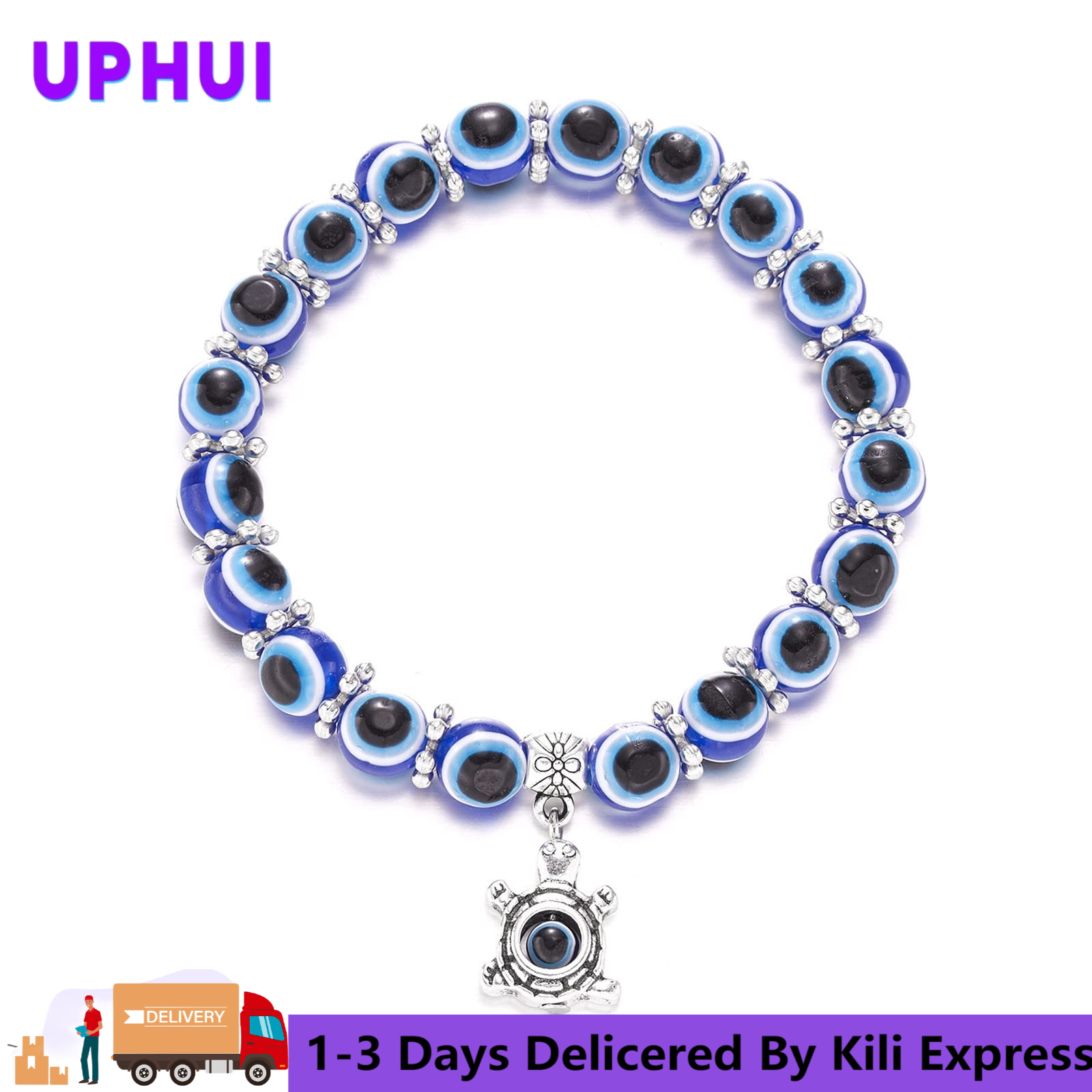 UPHUI 10mm Bracelet Classic Blue Devil Eye Palm Round Glass Bead Bracelet Wishing Stretch Rope Chain Bracelet Trendy Vintage Beaded Hand of Fatima Lucky Bracelet Bracelet