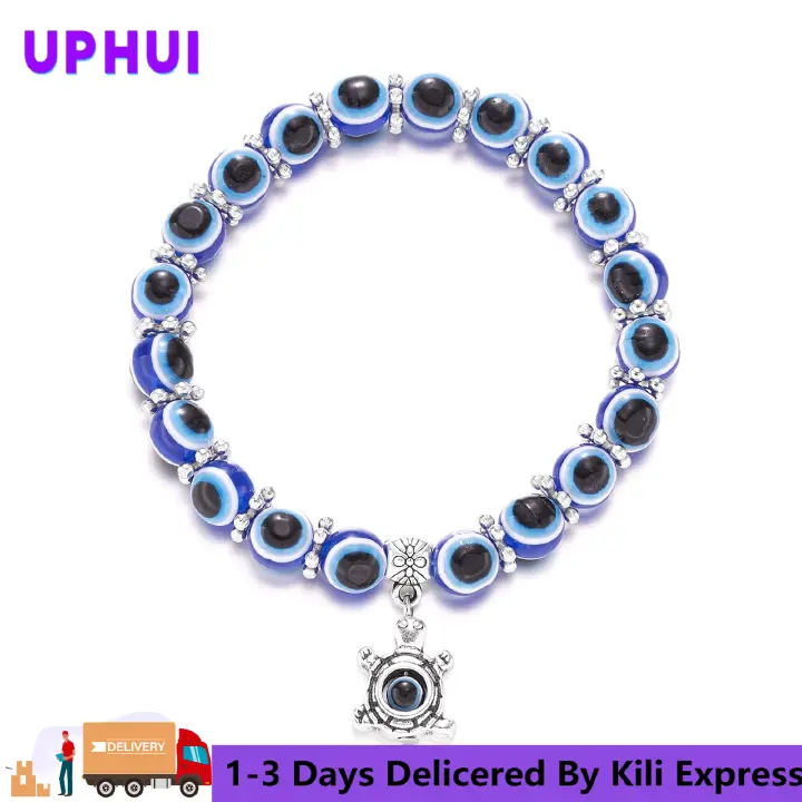 UPHUI（Special Offer Processing） 10mm Bracelet Classic Blue Devil Eye Palm Round Glass Bead Bracelet Wishing Stretch Rope Chain Bracelet Trendy Vintage Beaded Hand of Fatima Lucky Bracelet Bracelet