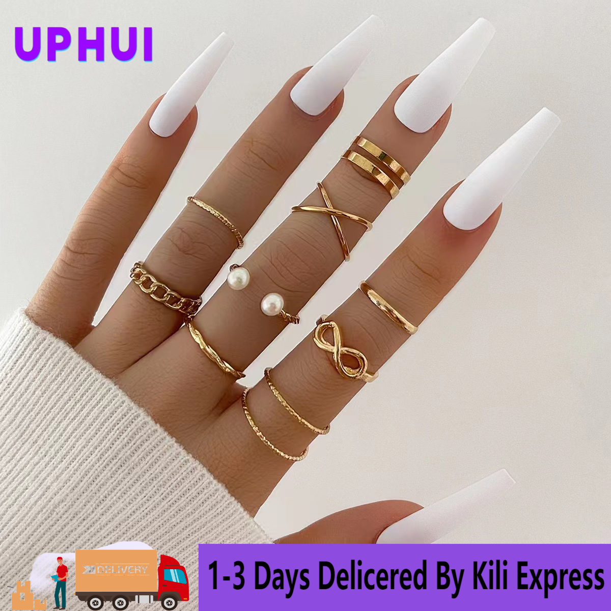 UPHUI 9-piece ring set Bohemian style inlaid pearl joint ring 8-character geometric hollow design combination ring set daily wear festival set