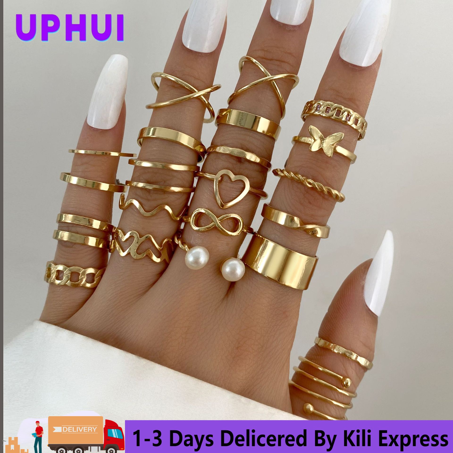 UPHUI Ring 22-piece set new butterfly rings opening multi-joint ring set love ring female high-quality accessories design sense gift decoration photography props