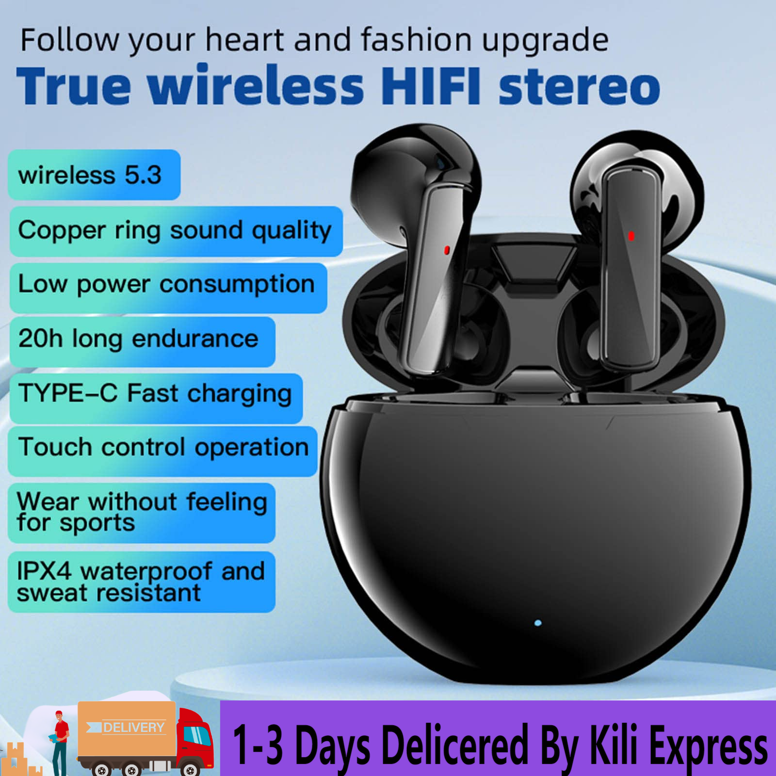 UPHUI Bluetooth 5.3 in-ear Headphones Wireless Mini Earbuds, Stereo Sound Earphones with Charging Case, Light Weight Headset for Room Travel Camping Office Work or Outdoor Sports, Black