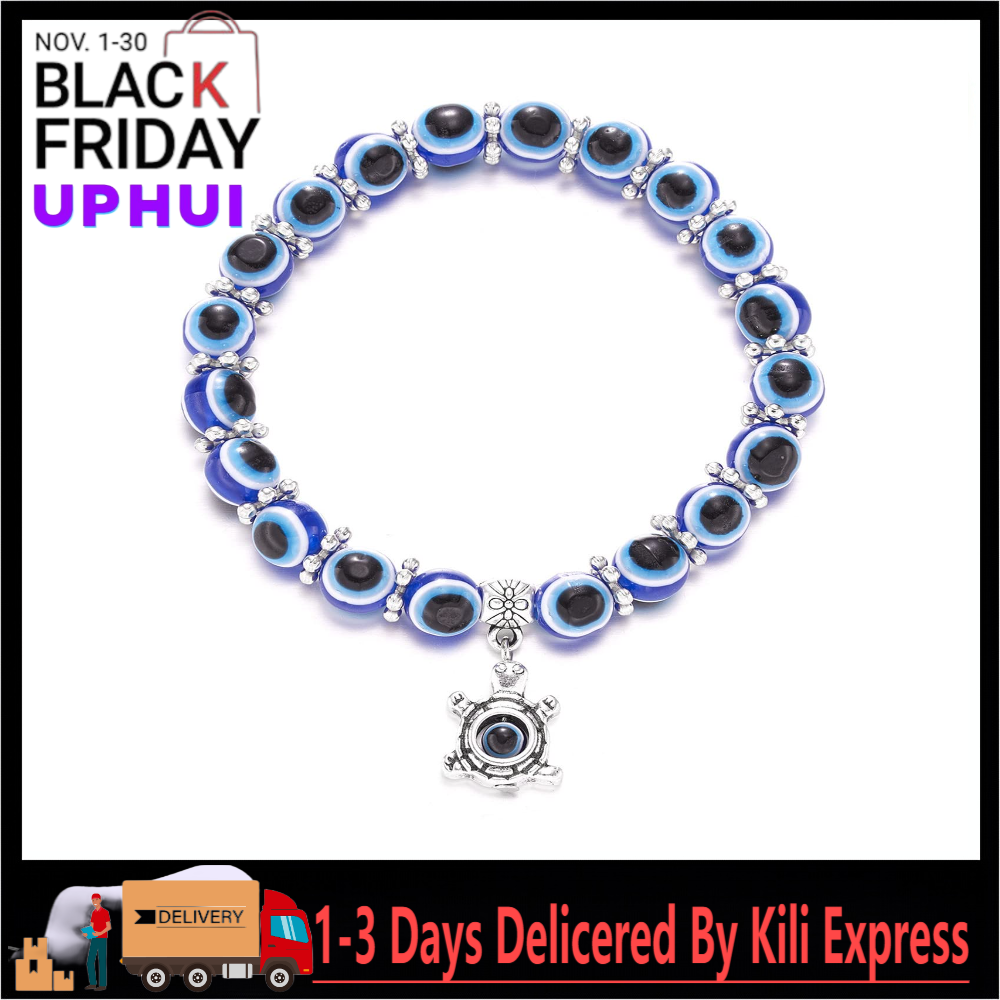 UPHUI 10mm Bracelet Classic Blue Devil Eye Palm Round Glass Bead Bracelet Wishing Stretch Rope Chain Bracelet Trendy Vintage Beaded Hand of Fatima Lucky Bracelet Bracelet