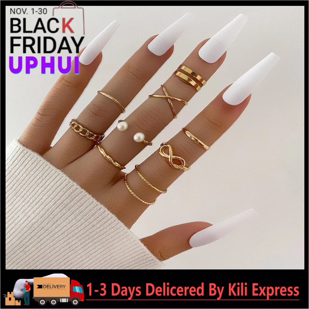 UPHUI 9-piece ring set Bohemian style inlaid pearl joint ring 8-character geometric hollow design combination ring set daily wear festival set