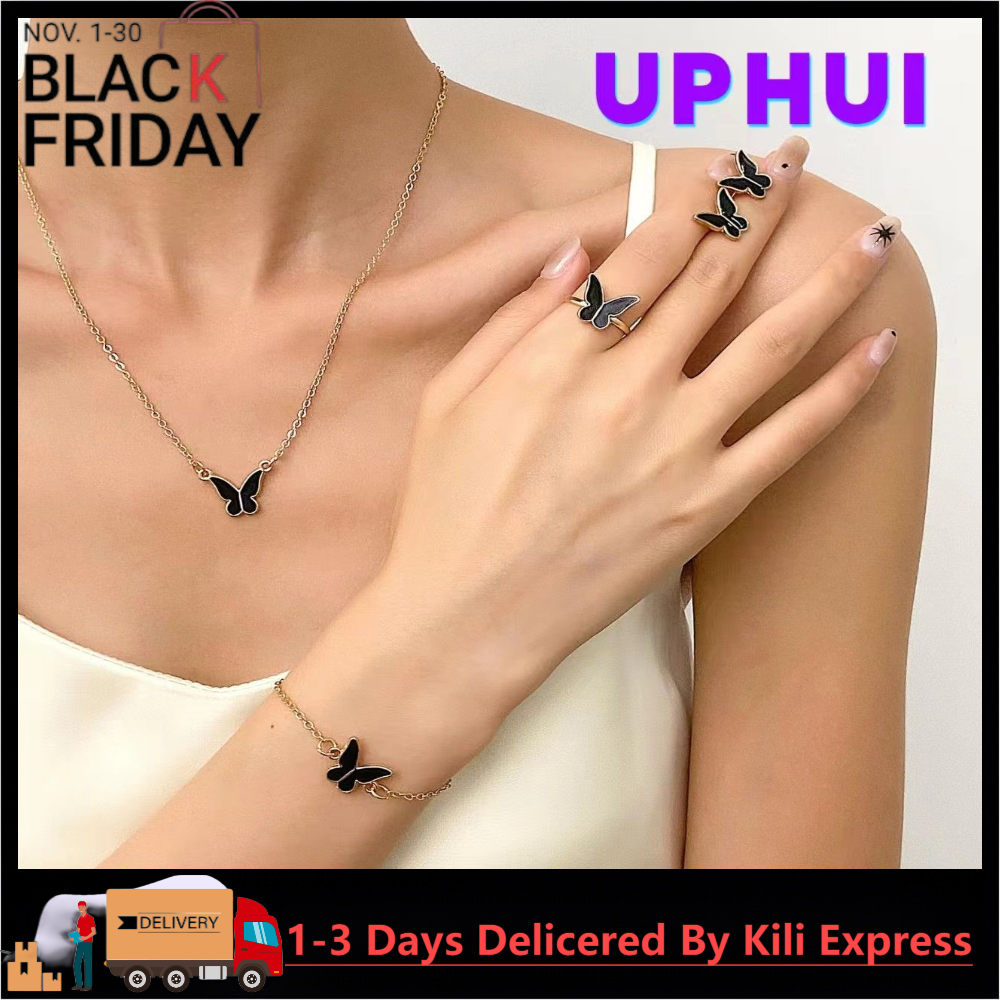 UPHUI Jewelry set butterfly 4-piece necklace ring earrings bracelet gold fashion suit matching clothes party temperament personalized gift or daily matching