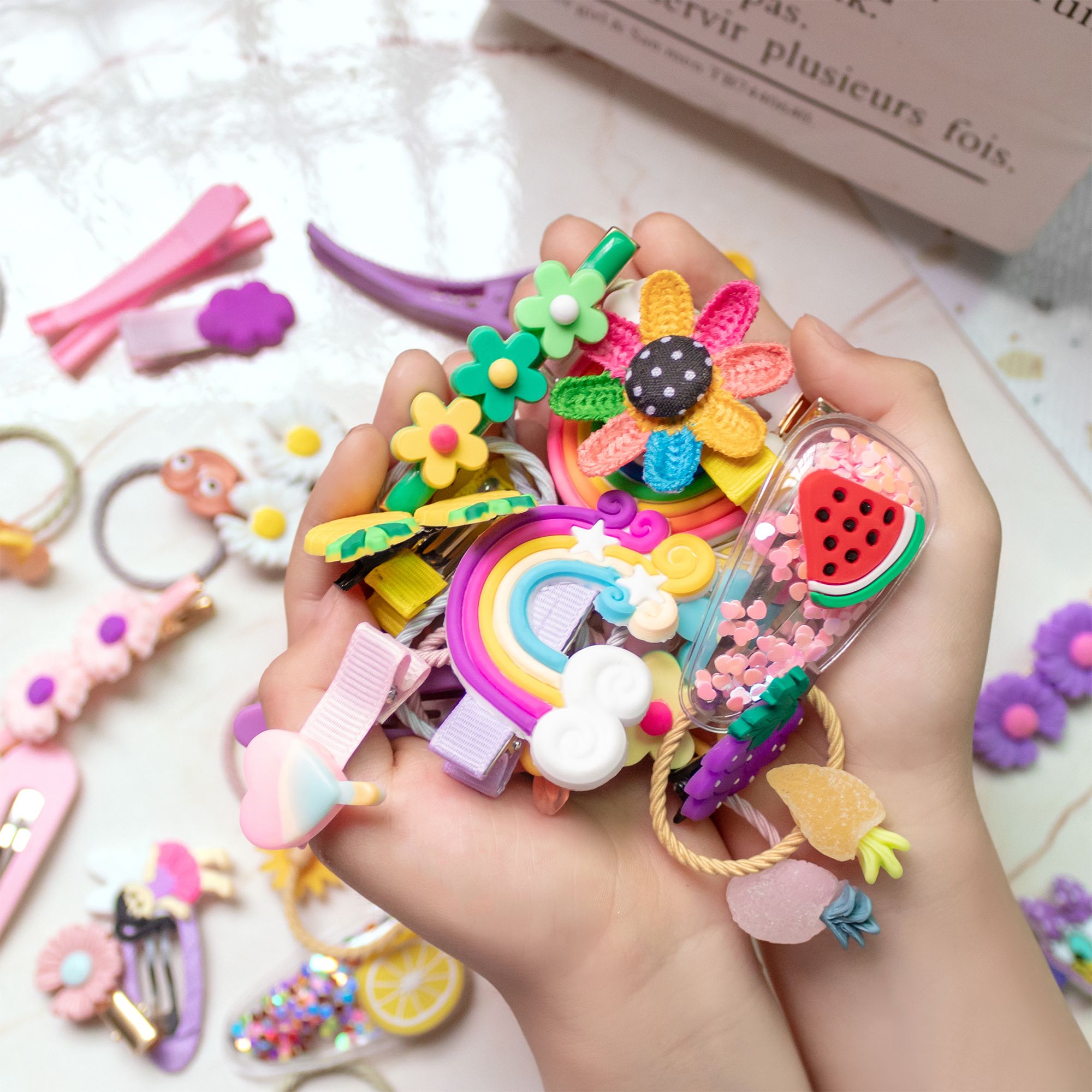 UPHUI 14pcs Cute Hair Clip Fashion Girl Hair Accessories Flower Fruit Colorful Rainbow Candy Dessert Cute Animal Hair Clip Set Anti slip Metal Buckle Suitable for Girls Children and Toddlers Gift