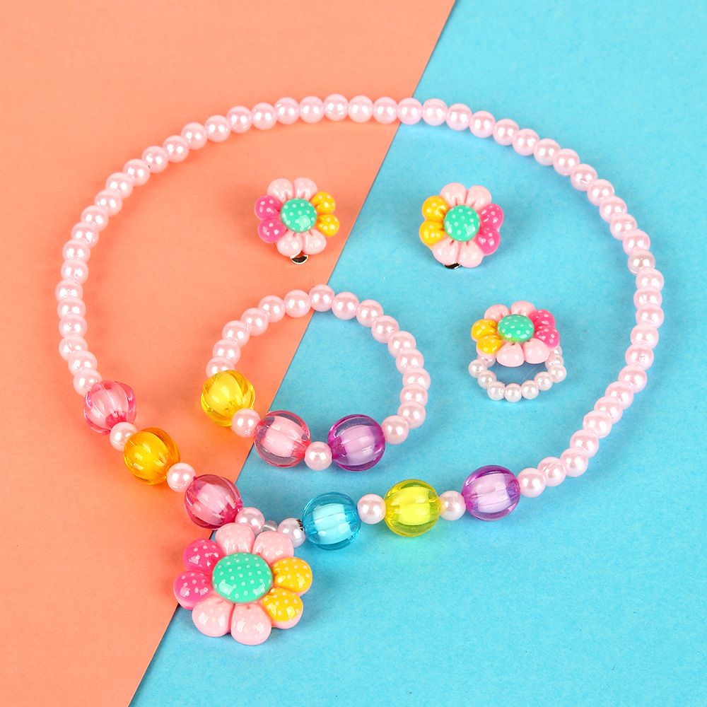 UPHUI 5PCS Set Of Children's Jewelry With Colorful Flowers Children's Jewelry Set With Hair Clips Children's Bracelets Children's Rings And Necklaces Children's Day Gifts Children's Birthday Gifts