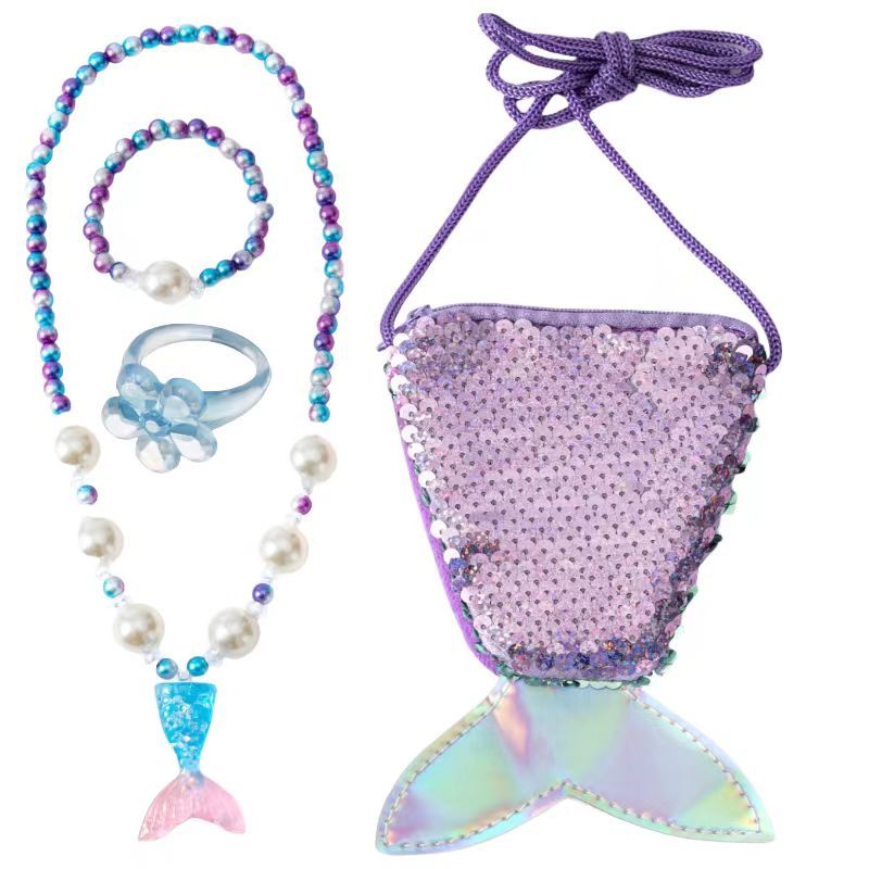 UPHUI 4pcs Jewelry Set Cute children's jewelry necklace set mermaid fish tail glitter coin wallet mermaid necklace pearl bracelet and ring sparkling girl jewelry set crossbody bag colorful pearl gift violet