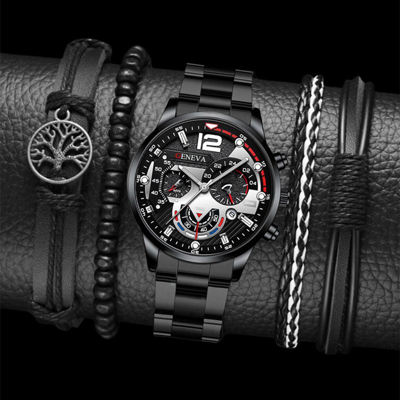 5PCS Watch Set Fashion with Calendar Sports Business Quartz Steel Strip Watch Men's Bracelet Set Hand Woven Tree Bead Weaving Rope Gift for Daily Wear for Men