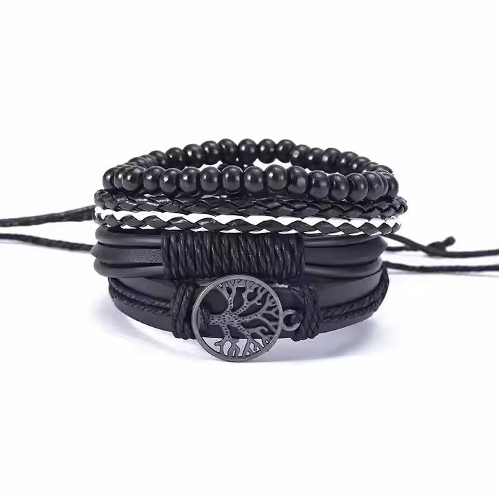 5PCS Watch Set Fashion with Calendar Sports Business Quartz Steel Strip Watch Men's Bracelet Set Hand Woven Tree Bead Weaving Rope Gift for Daily Wear for Men