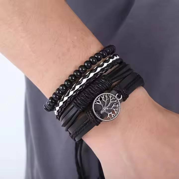 5PCS Watch Set Fashion with Calendar Sports Business Quartz Steel Strip Watch Men's Bracelet Set Hand Woven Tree Bead Weaving Rope Gift for Daily Wear for Men