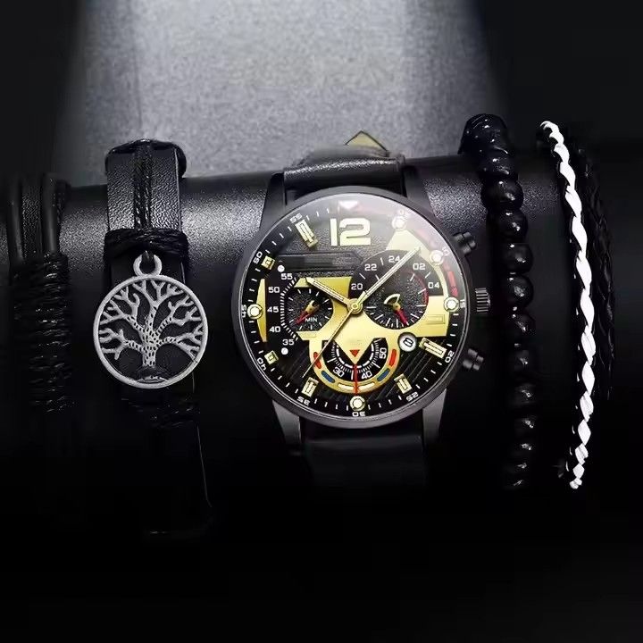 5PCS Watch Set Fashion with Calendar Sports Business Quartz Steel Strip Watch Men's Bracelet Set Hand Woven Tree Bead Weaving Rope Gift for Daily Wear for Men