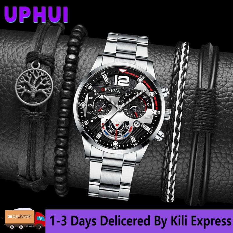 5PCS Watch Set Fashion with Calendar Sports Business Quartz Steel Strip Watch Men's Bracelet Set Hand Woven Tree Bead Weaving Rope Gift for Daily Wear for Men