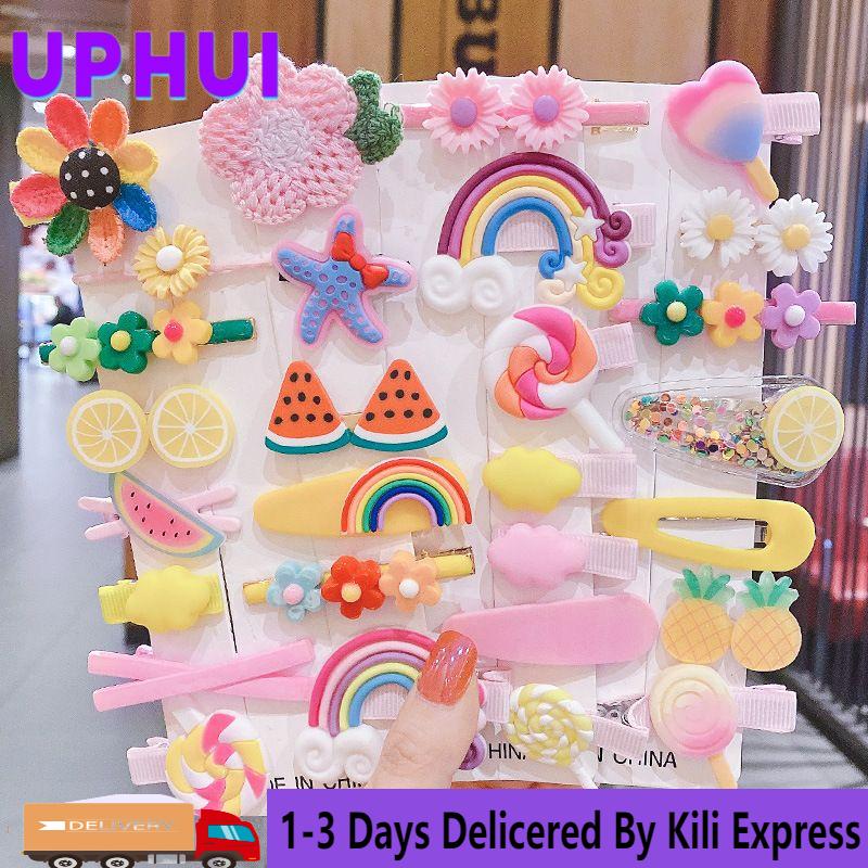 UPHUI 14pcs Cute Hair Clip Fashion Girl Hair Accessories Flower Fruit Colorful Rainbow Candy Dessert Cute Animal Hair Clip Set Anti slip Metal Buckle Suitable for Girls Children and Toddlers Gift