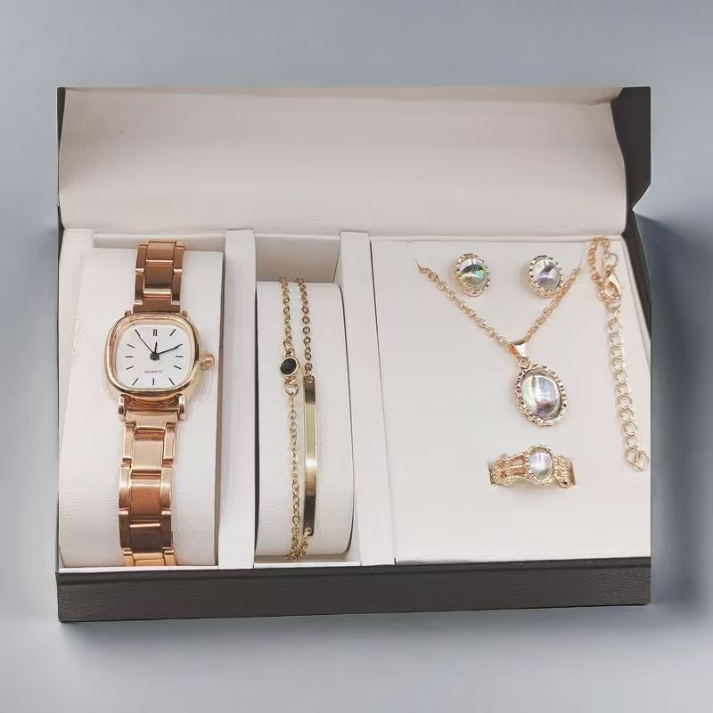 Ladies' Watch 5pcs Gemstone Necklace Set Exquisite Ring Set Earrings Bracelet Stacked Jewelry Set Rose Gold Watch Fashion Elegance Customized Set Comes with High Quality Gift Box Temperament Watch Set