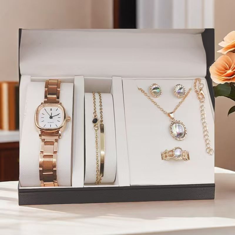 Ladies' Watch 5pcs Gemstone Necklace Set Exquisite Ring Set Earrings Bracelet Stacked Jewelry Set Rose Gold Watch Fashion Elegance Customized Set Comes with High Quality Gift Box Temperament Watch Set As shown in the figure