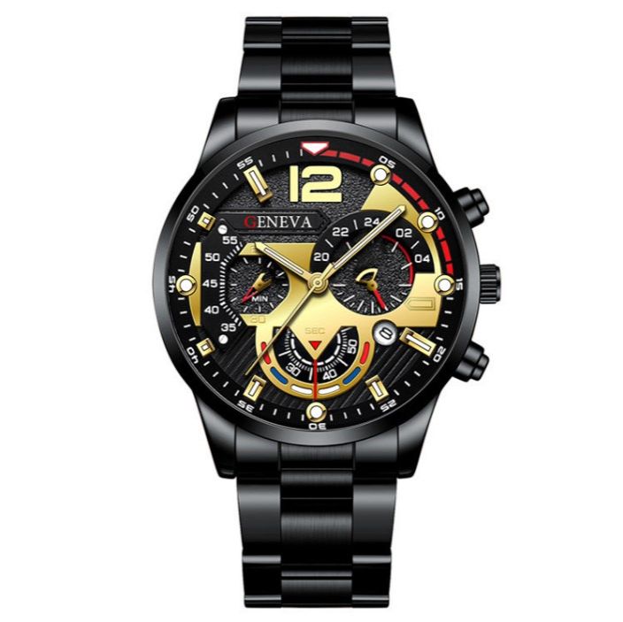 5PCS Watch Set Fashion with Calendar Sports Business Quartz Steel Strip Watch Men's Bracelet Set Hand Woven Tree Bead Weaving Rope Gift for Daily Wear for Men