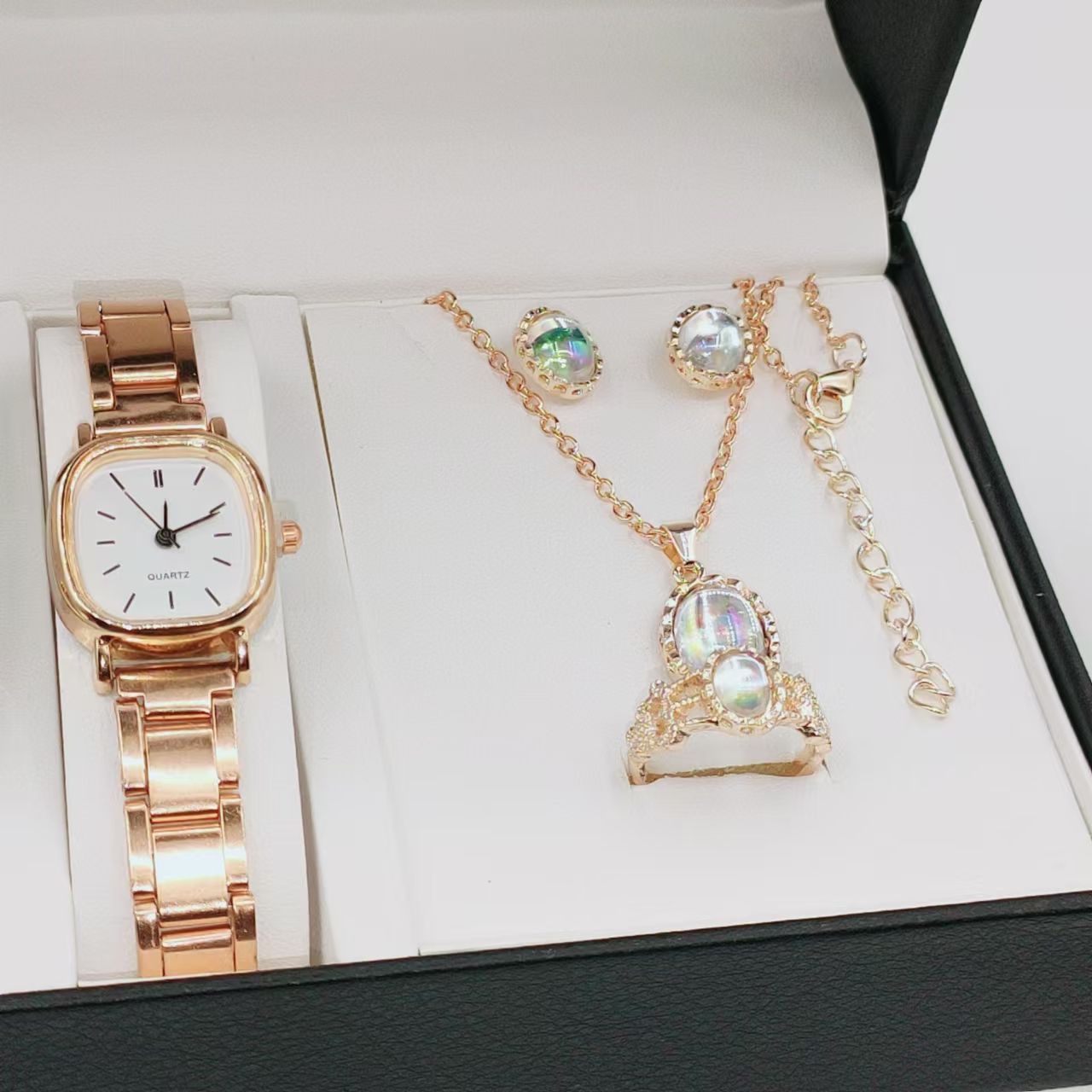 Ladies' Watch 5pcs Gemstone Necklace Set Exquisite Ring Set Earrings Bracelet Stacked Jewelry Set Rose Gold Watch Fashion Elegance Customized Set Comes with High Quality Gift Box Temperament Watch Set
