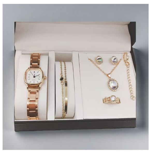 Ladies' Watch 5pcs Gemstone Necklace Set Exquisite Ring Set Earrings Bracelet Stacked Jewelry Set Rose Gold Watch Fashion Elegance Customized Set Comes with High Quality Gift Box Temperament Watch Set