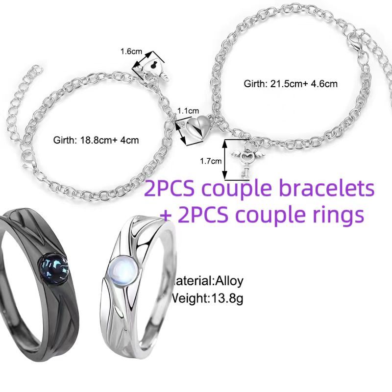 UPHUI 4PCS Male and Female Couple Magnetic Bracelet Love Magnetic Bracelet Lock and Key Design Couple Ring with Diamond Gift for Friends, Boyfriend, Husband and Wife Anniversary Gift with Jewelry Box