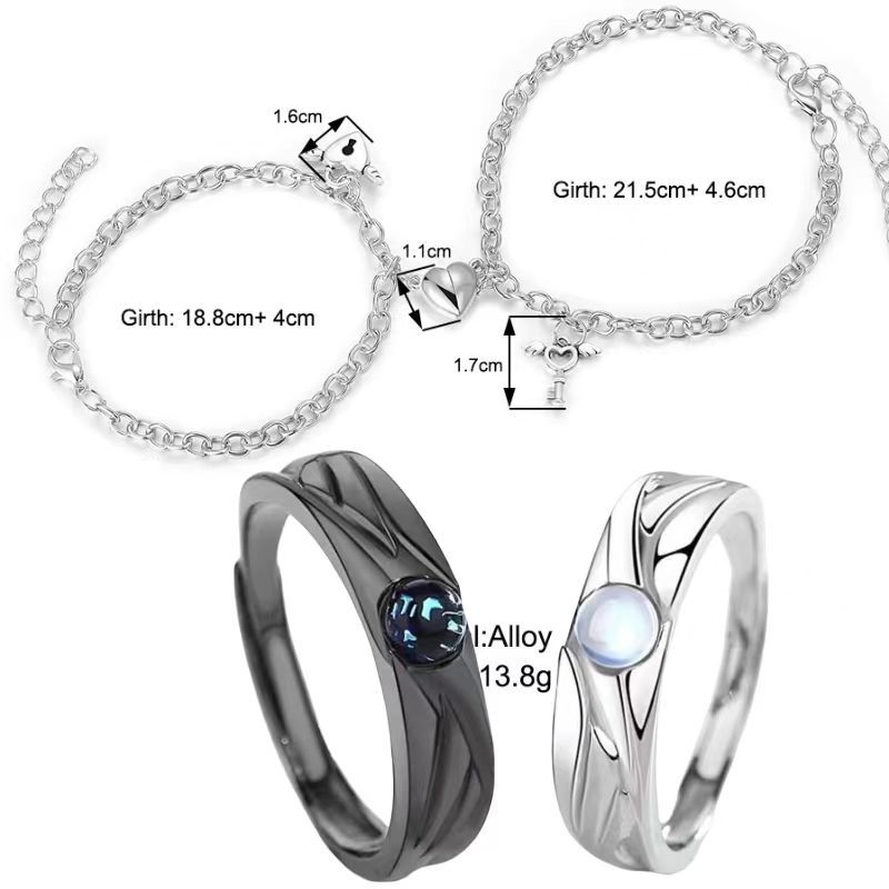 UPHUI 4PCS Male and Female Couple Magnetic Bracelet Love Magnetic Bracelet Lock and Key Design Couple Ring with Diamond Gift for Friends, Boyfriend, Husband and Wife Anniversary Gift with Jewelry Box Silver