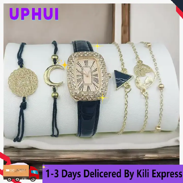 UPHUI 6PCS Women Watch Set Full Diamond Leather Strap Square Watch Women's Watches Luxury Timetable Quartz Fashion Watch Female Wrist Wstch Clock