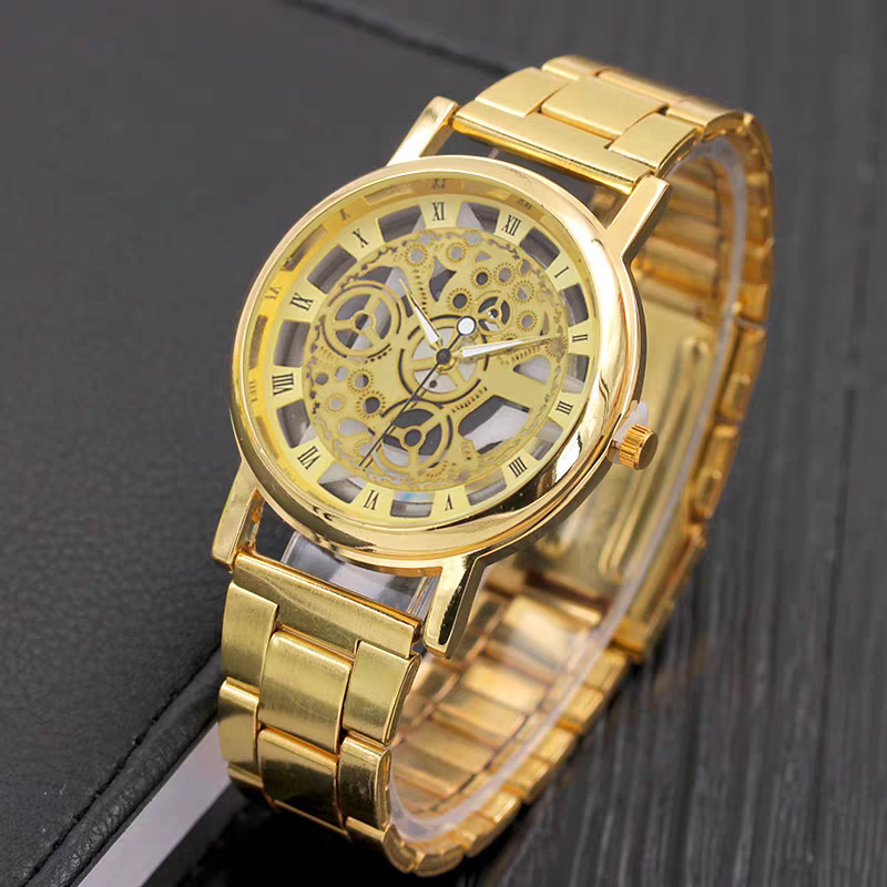 Men's watches with metal hollowed out craftsmanship and gold and silver steel straps are fashionable men's watches that can be worn daily or as gifts Gold