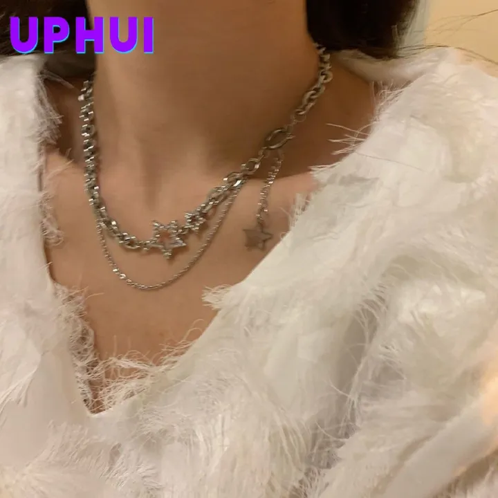 UPHUI Fashion Silver Star Double Layered Tassel Necklace Female Hip Hop Short Collar Bone Chain Choker Necklace For Women