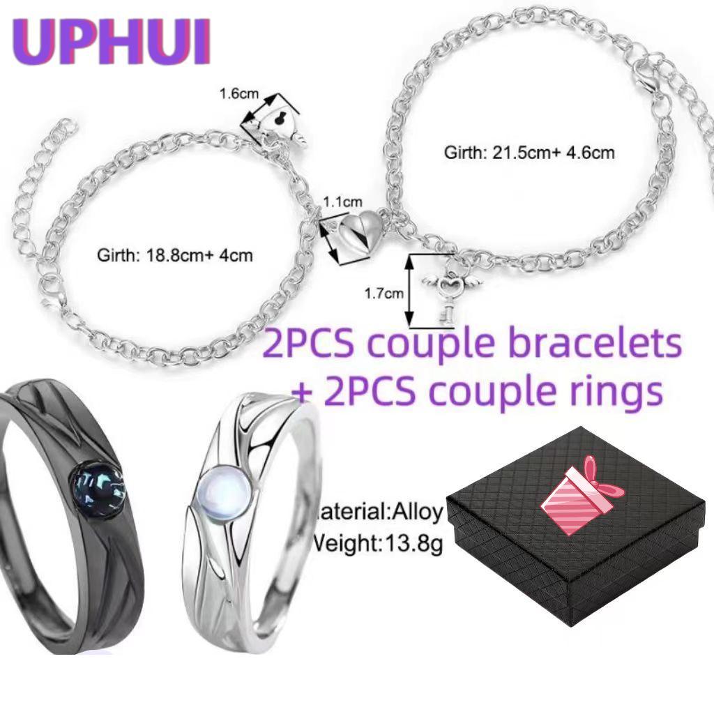 UPHUI 4PCS Male and Female Couple Magnetic Bracelet Love Magnetic Bracelet Lock and Key Design Couple Ring with Diamond Gift for Friends, Boyfriend, Husband and Wife Anniversary Gift with Jewelry Box