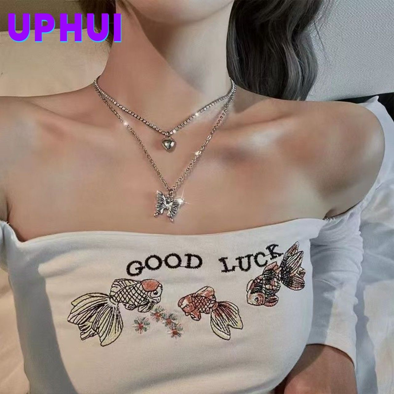 UPHUI 2pcs Necklaces Ladies' full Diamond Large Butterfly Pendant Can be Worn Separately Bohemian Layered Crystal Butterfly  Necklace Vintage Necklace Set Heart Necklace Jewelry Suitable for Girl