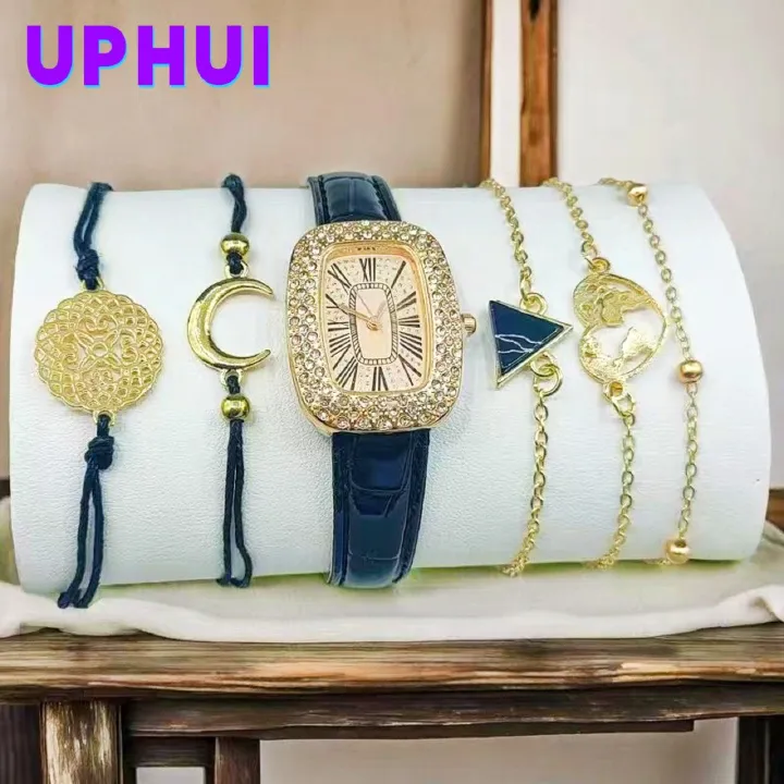 UPHUI 6PCS Women Watch Set Full Diamond Leather Strap Square Watch Women's Watches Luxury Timetable Quartz Fashion Watch Female Wrist Wstch Clock