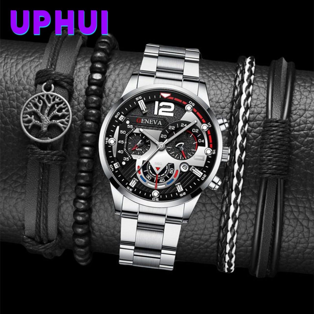 5PCS Watch Set Fashion with Calendar Sports Business Quartz Steel Strip Watch Men's Bracelet Set Hand Woven Tree Bead Weaving Rope Gift for Daily Wear for Men