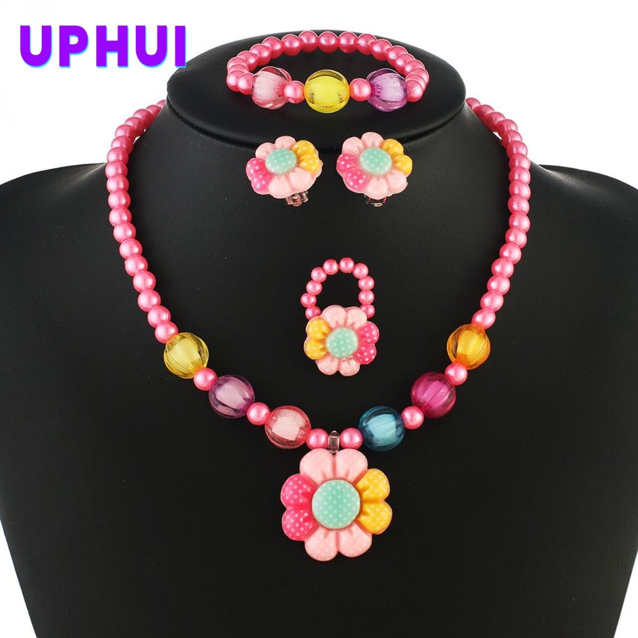 UPHUI 5PCS Set Of Children's Jewelry With Colorful Flowers Children's Jewelry Set With Hair Clips Children's Bracelets Children's Rings And Necklaces Children's Day Gifts Children's Birthday Gifts